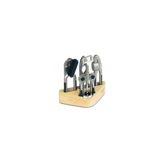 UTENSILI CUCINA SET 5 PEZZI PREMIAGLIO TIRATAPPI SCHIACCIA NOCI APRI SCATOLE BASE LEGNO